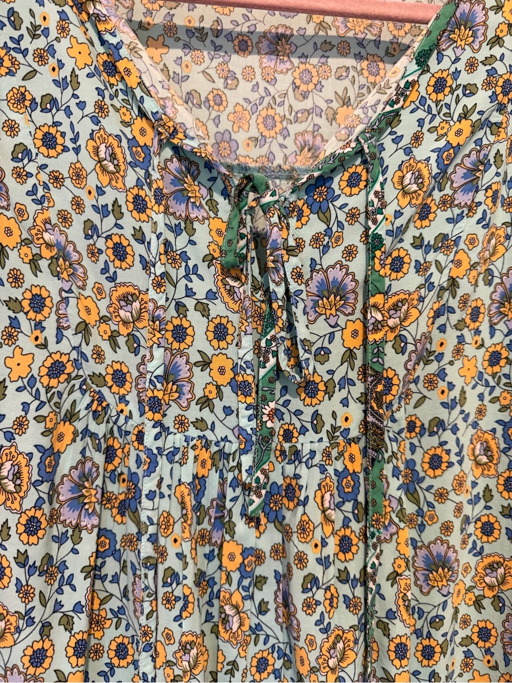 Floral Tie-Neck Blouse - Light Blue / green with Yellow & Purple Flowers
